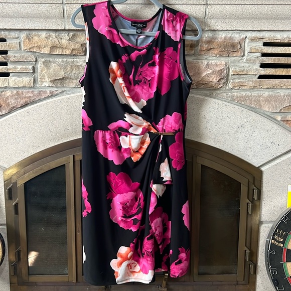 International INC Company Black and Pink Floral Cocktail Midi Dress - Picture 1 of 6